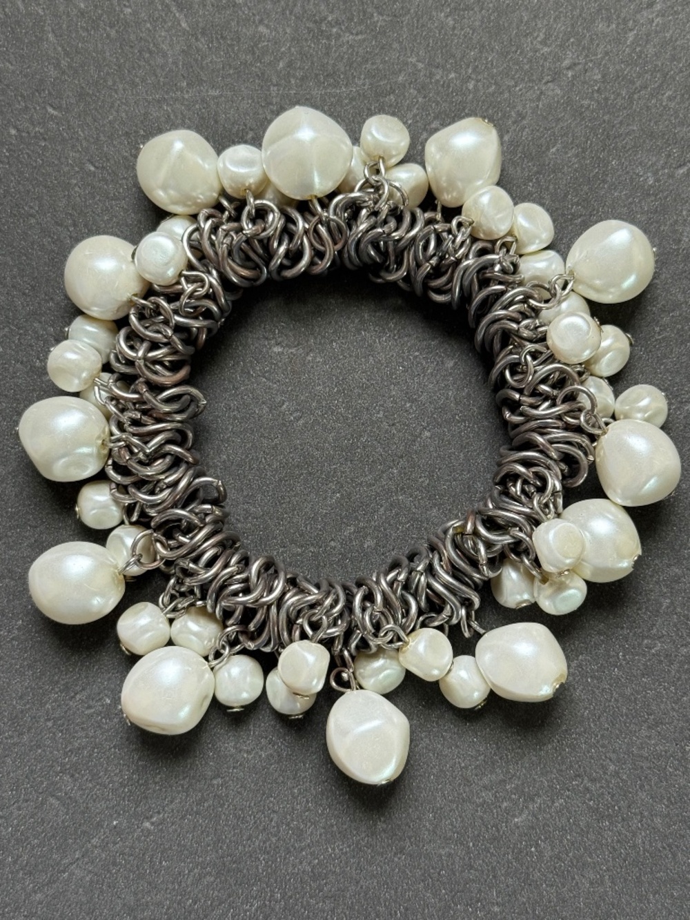 HAND CRAFTED VINTAGE Chunky Cluster Faux Pearl Silver Stretch Bracelet